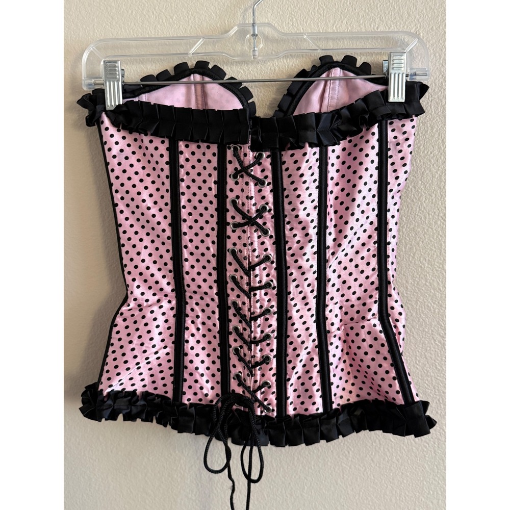Lovesick Pink Black Polka Dot Ruffle Corset Top Satin Bow Lace Up Back Small - Picture 5 of 8